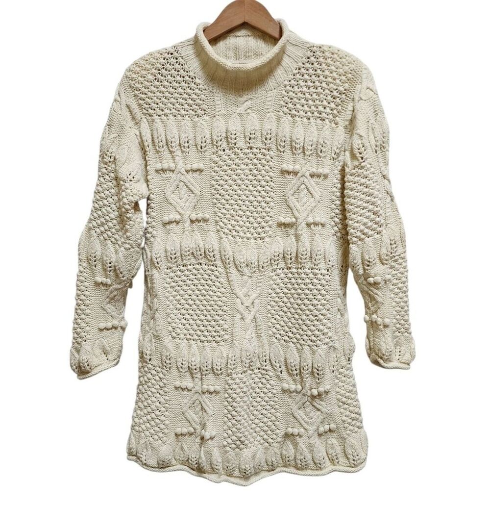 Yarnworks Handknit Rolled Neck Poms Sweater Size M Cotton Ramie Cream Long Slv